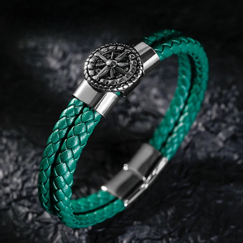 Men's Compass Leather Bracelet Green Rose of the Winds Compass