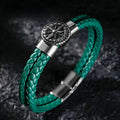 Men's Compass Leather Bracelet Green Rose of the Winds Compass