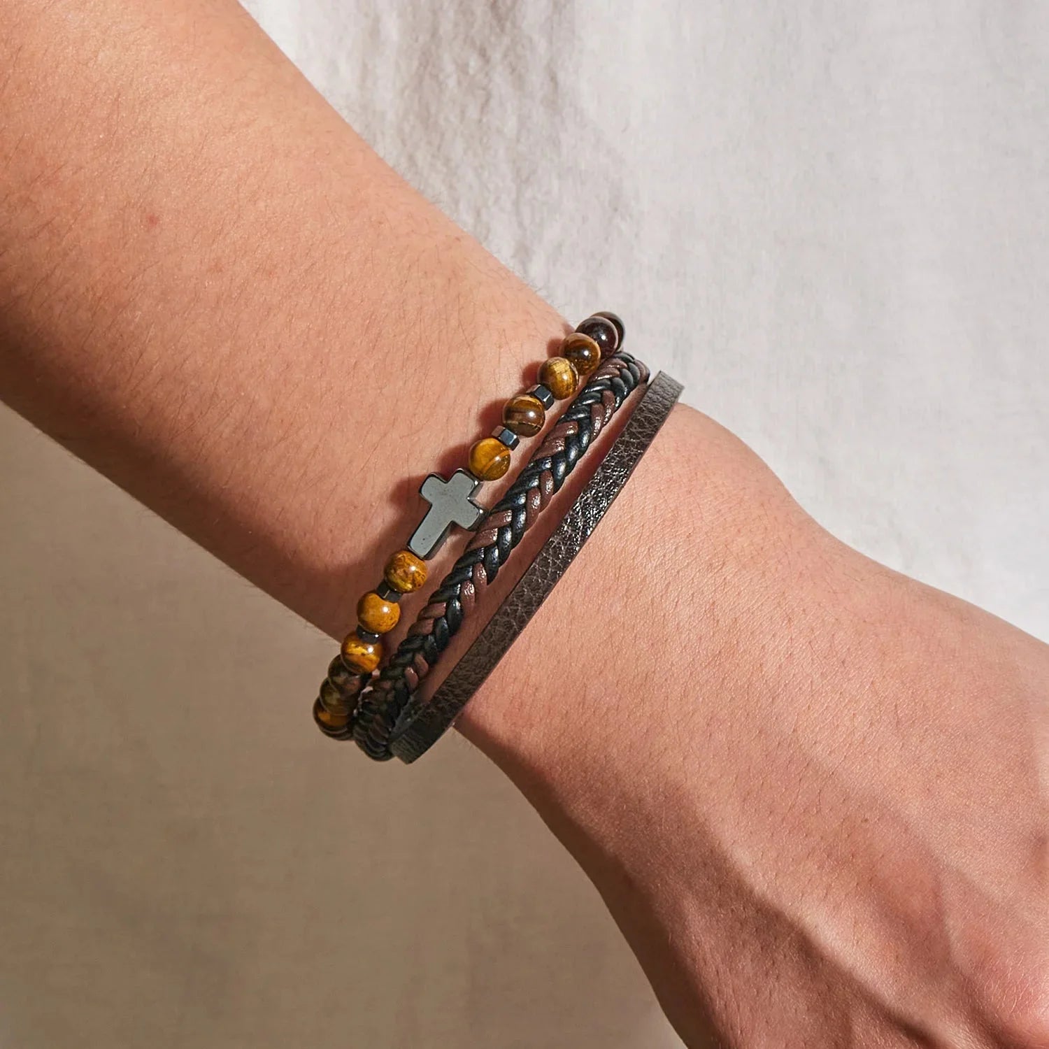 Rosary Cross Bracelet Natural Stones And Leather