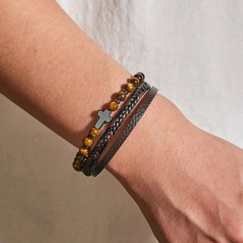 Rosary Cross Bracelet Natural Stones And Leather
