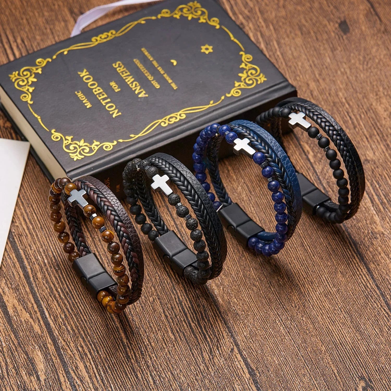 Rosary Cross Bracelet Natural Stones And Leather