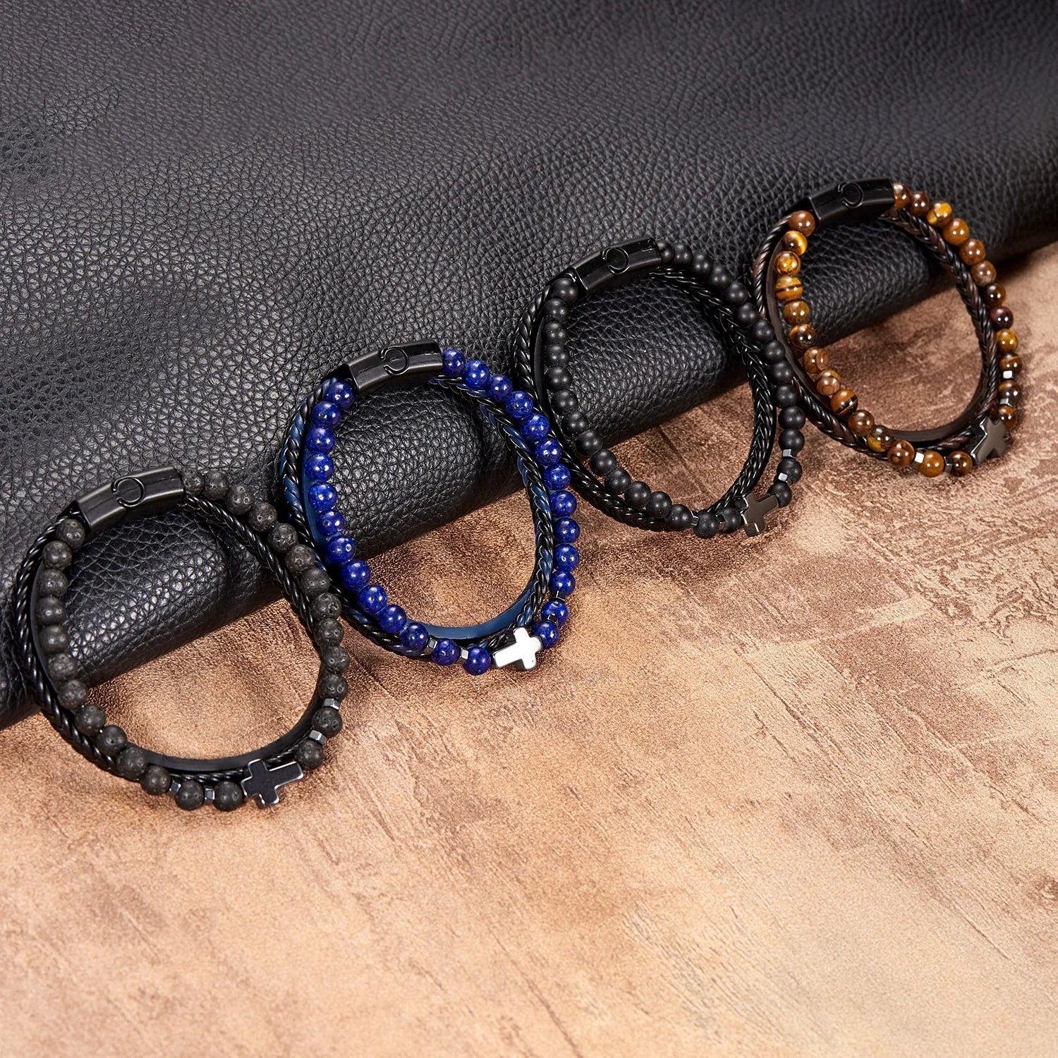 Rosary Cross Bracelet Natural Stones And Leather