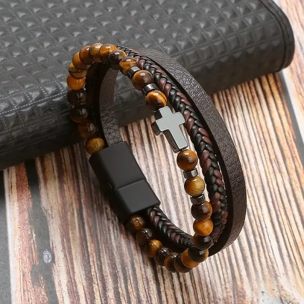 Rosary Cross Bracelet Natural Stones And Leather