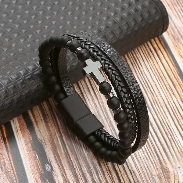 Rosary Cross Bracelet Natural Stones And Leather