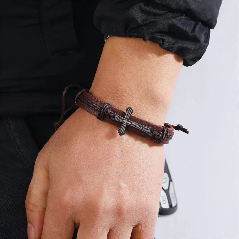 Brown Men's Leather Cross Bracelet