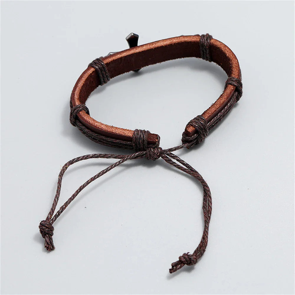Brown Men's Leather Cross Bracelet