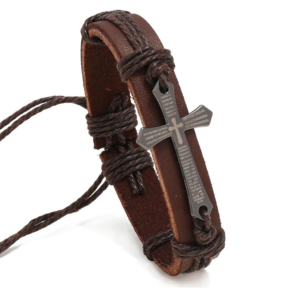 Brown Men's Leather Cross Bracelet