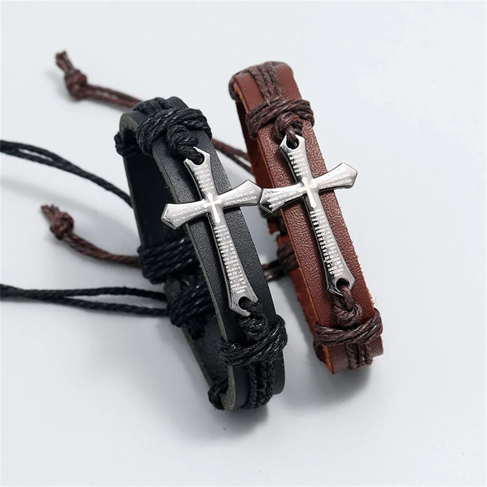 Black Men's Leather Cross Bracelet