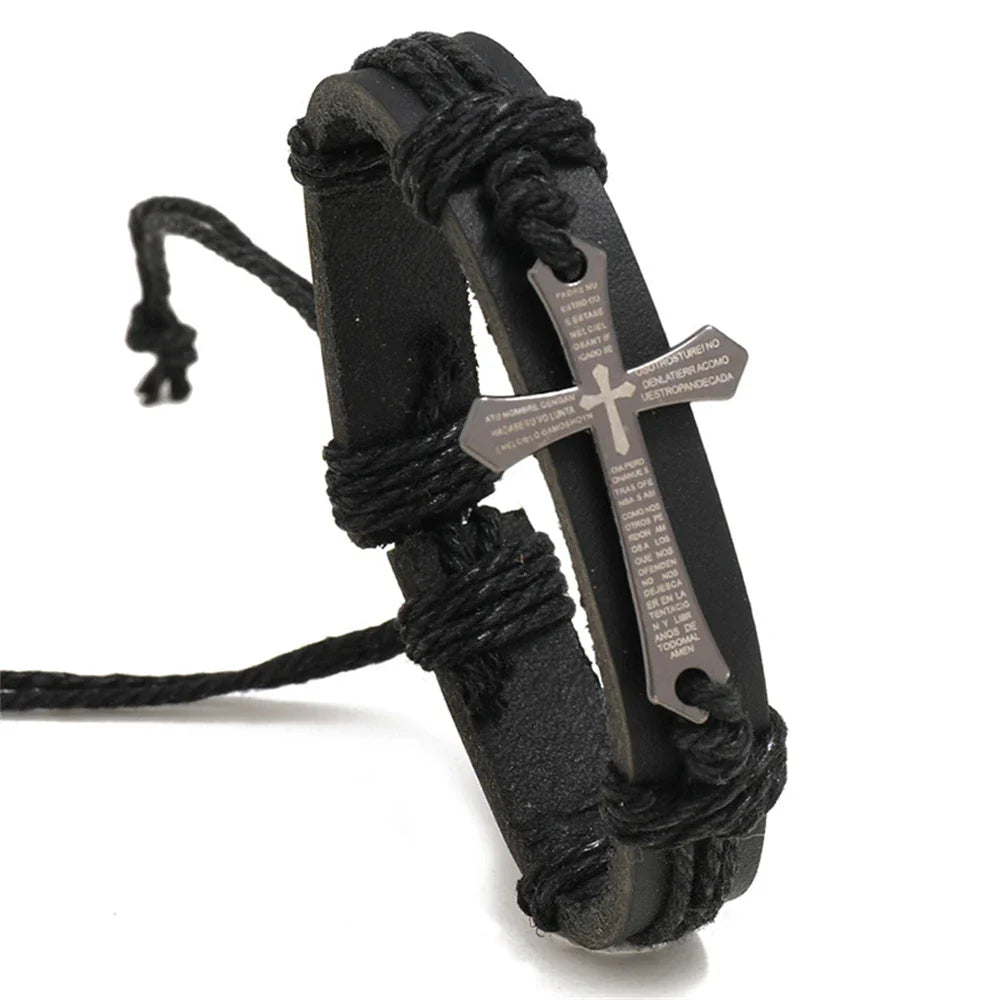 Black Men's Leather Cross Bracelet