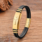 Black Leather Cross Bracelet black style a gold