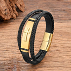 Black Leather Cross Bracelet black style b gold