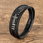 Black Leather Cross And Braid Bracelet