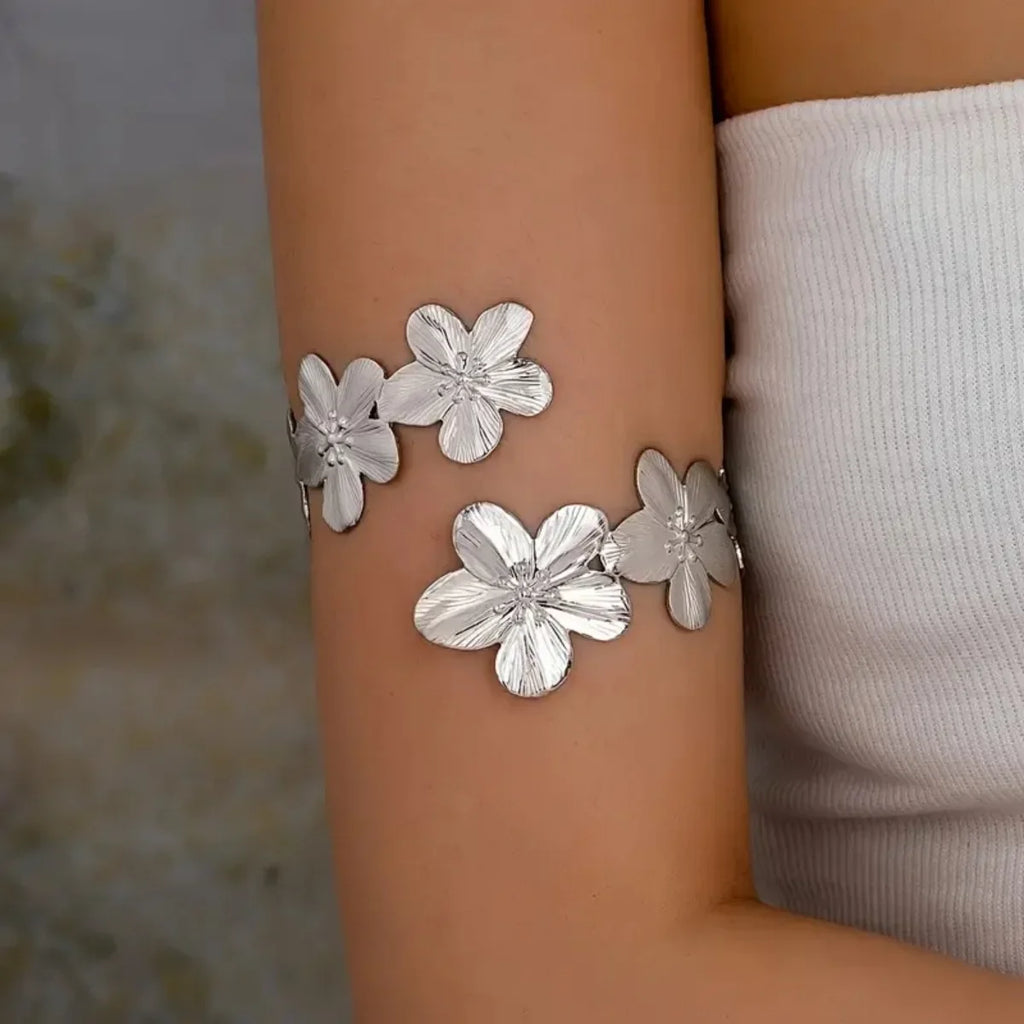 Women's arm bracelet - silver flower petal bicep chain