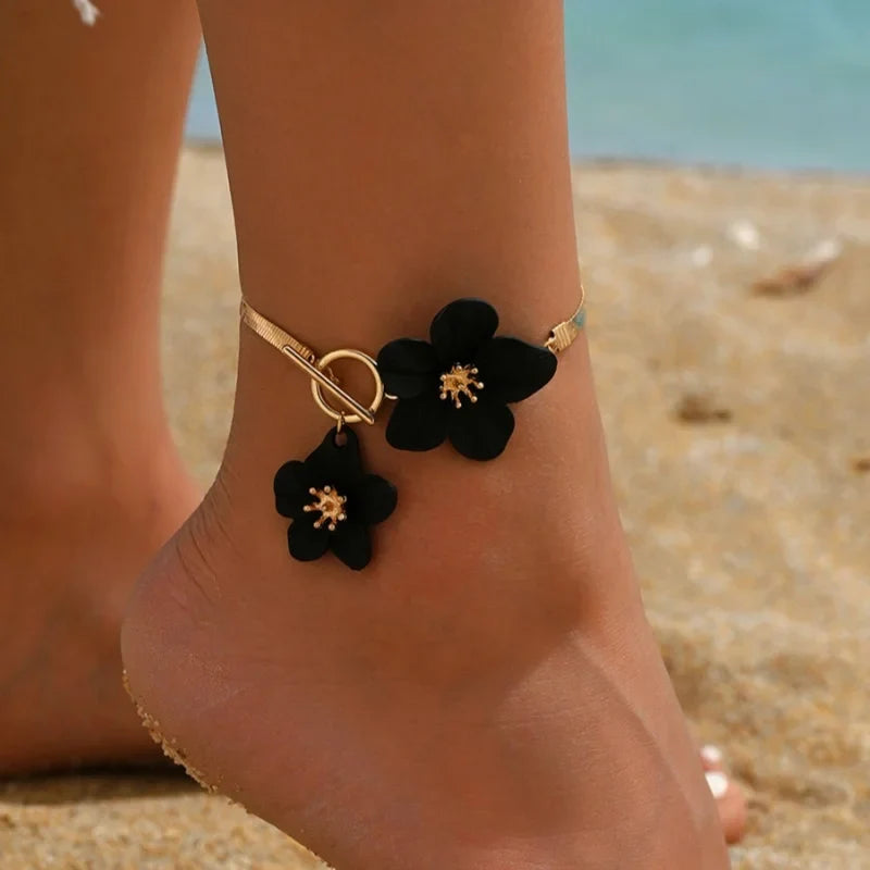 Women's Black Flower Ankle Bracelet