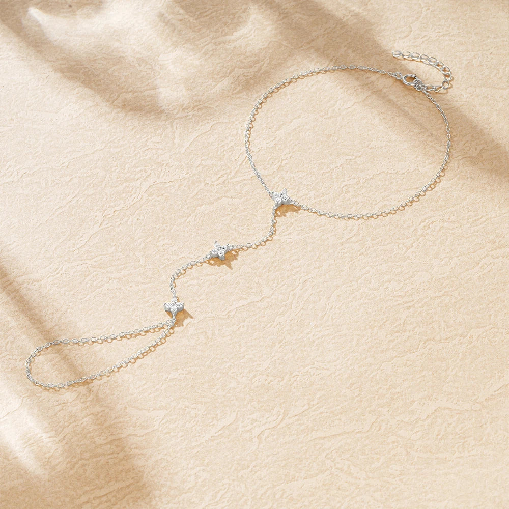 Hand Bracelet with Silver Zircon Flowers