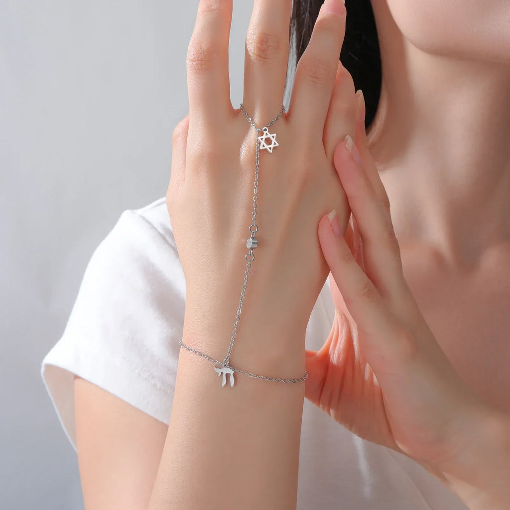 Hand and finger bracelet with Chai, Star of David and Hamsa protective Jewish pendants Chai silver
