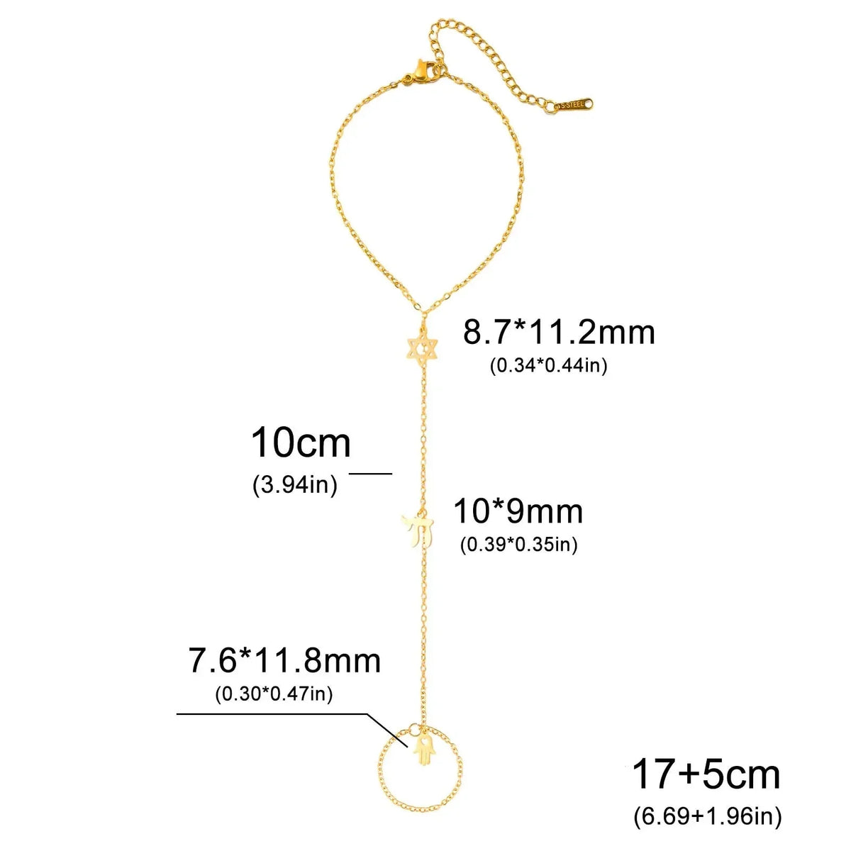 Hand and finger bracelet with Chai, Star of David and Hamsa protective Jewish pendants, gold star
