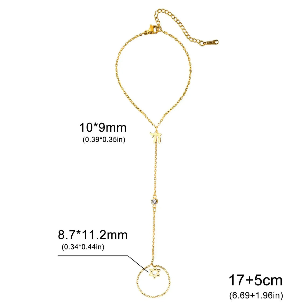Hand and finger bracelet with Chai, Star of David and Hamsa protective Jewish pendants Chai gold