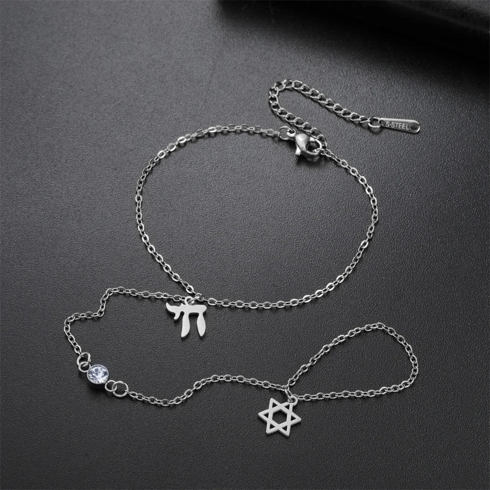 Hand and finger bracelet with Chai, Star of David and Hamsa protective Jewish pendants Chai silver