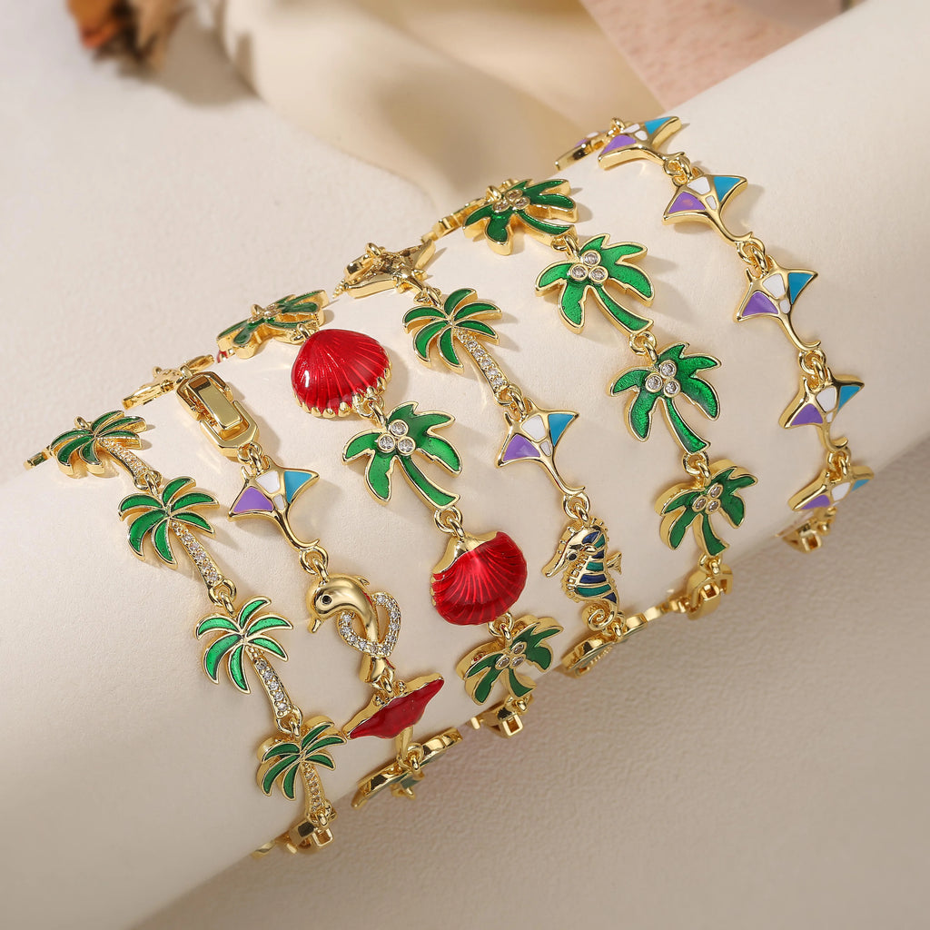 Green enamel palm tree bracelet with red shells