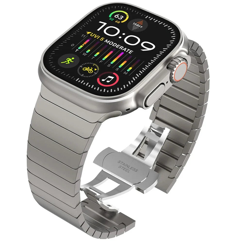 Silver stainless steel replacement band for Apple Watch