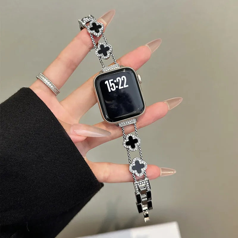 Replacement band for Apple Watch - clover design silver black