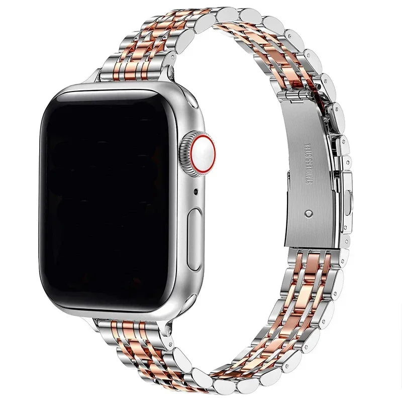 Replacement Apple Watch band in silver, gold, and rose gold stainless steel