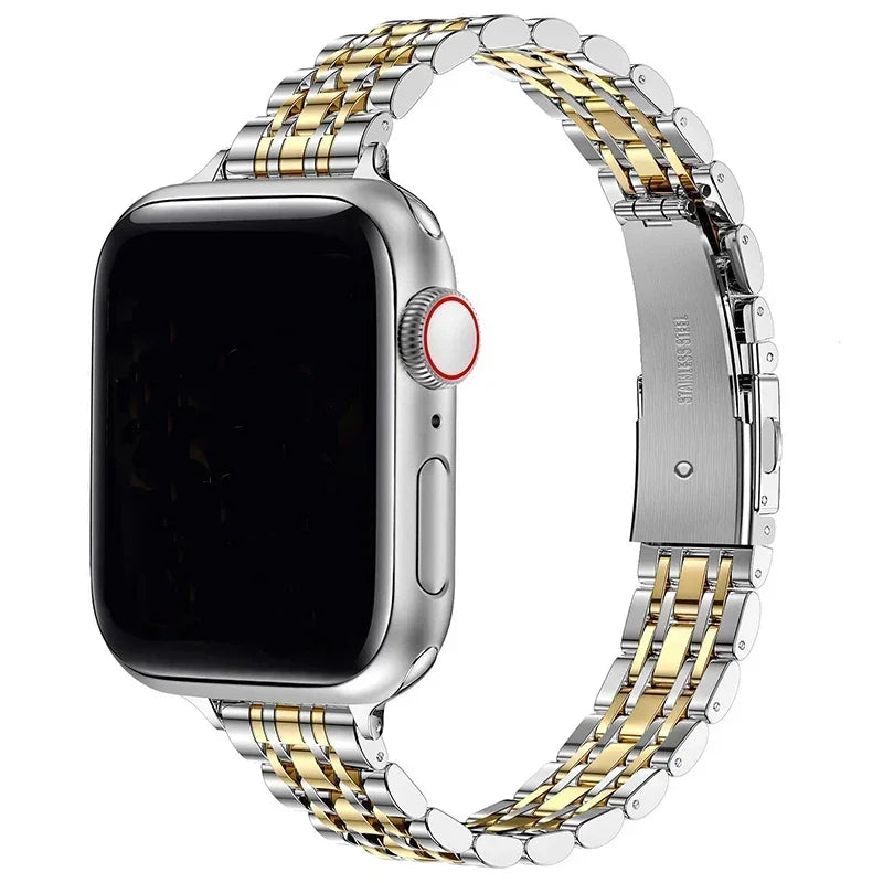 Replacement Apple Watch band in silver and gold stainless steel