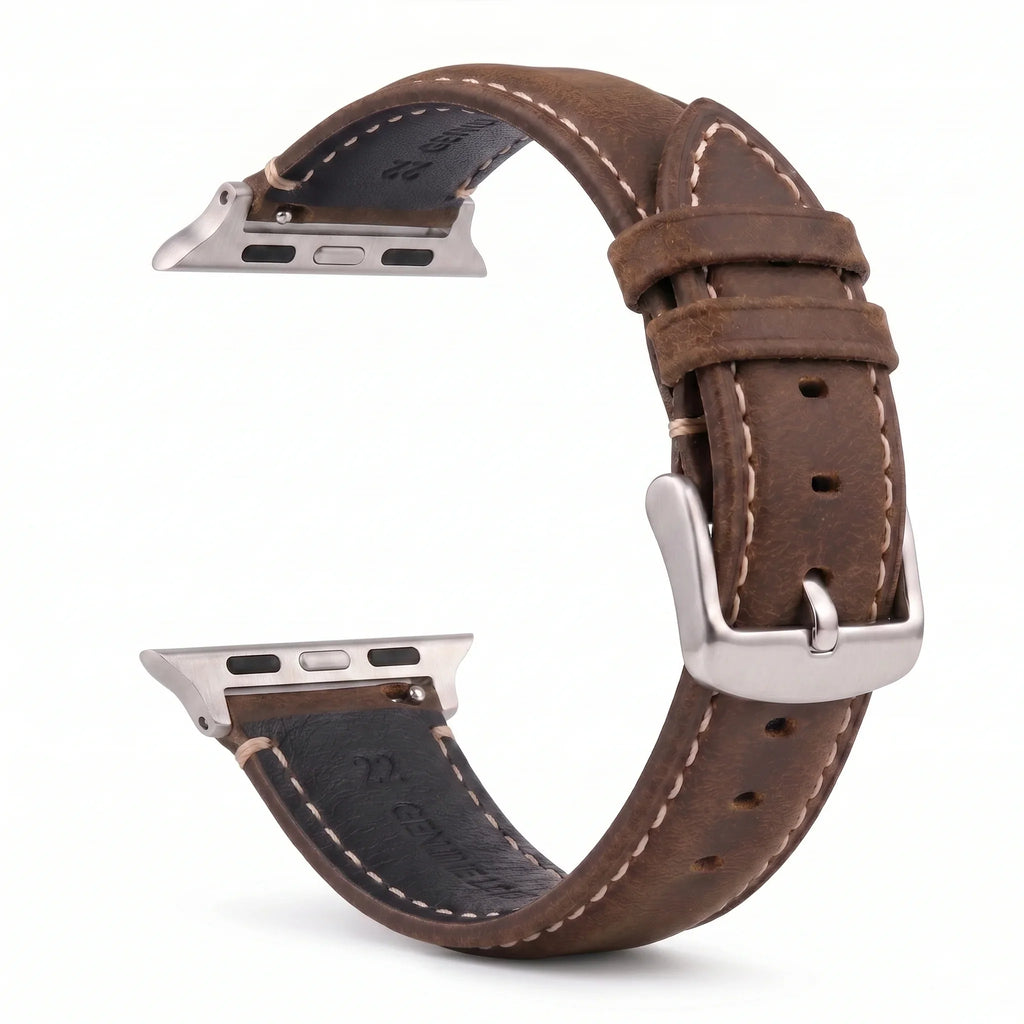 Classic brown and silver leather replacement band for Apple Watch