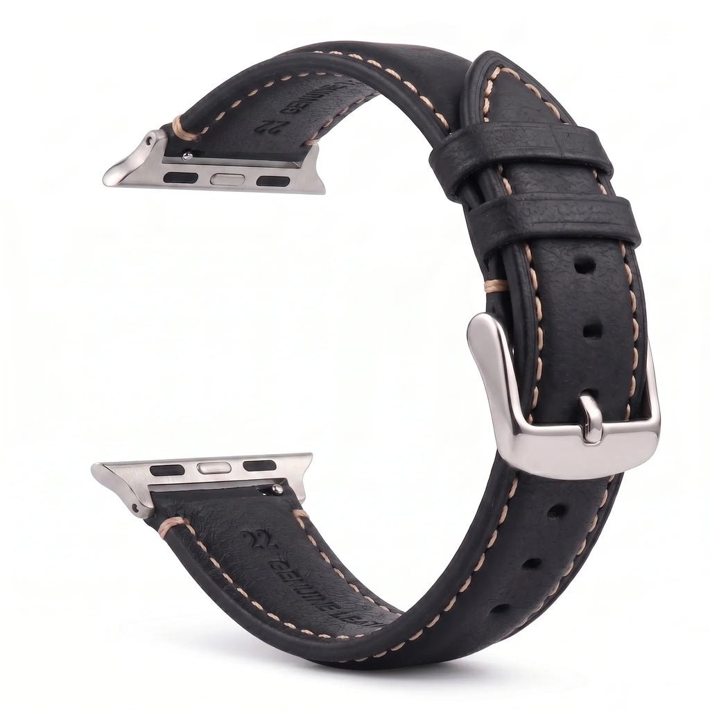 Classic black and silver leather replacement band for Apple Watch