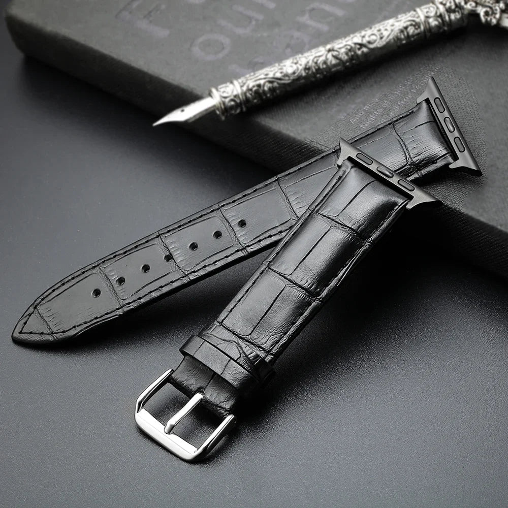 Replacement band for Apple Watch in black leather and steel