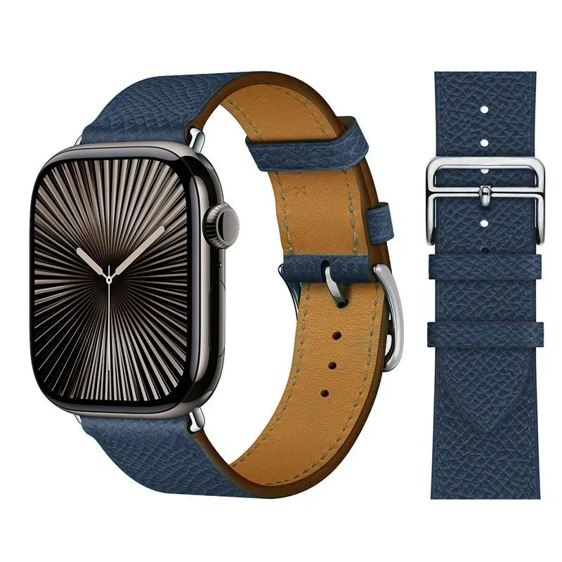 Blue leather replacement band for Apple Watch for women and men