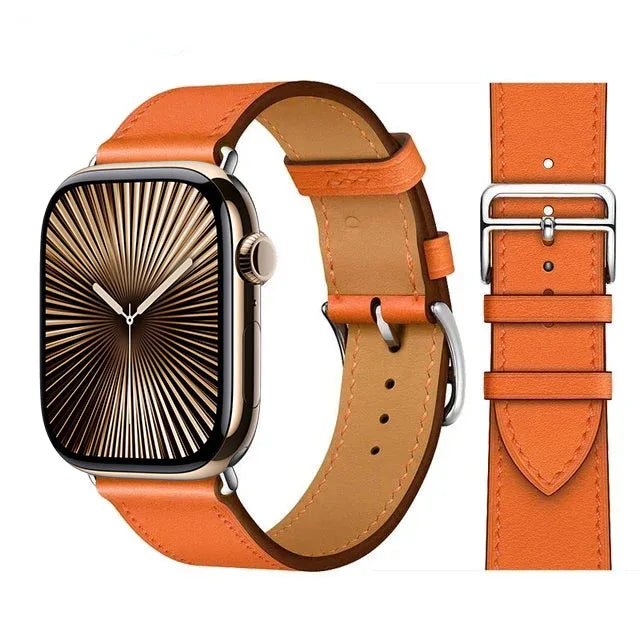 Orange leather replacement band for Apple Watch for women and men