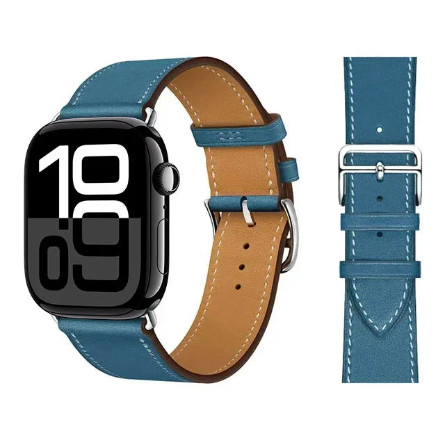 Blue leather replacement band for Apple Watch for women and men