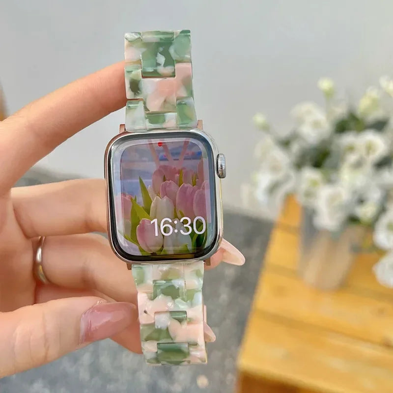 Replacement Apple Watch band in green and pink resin