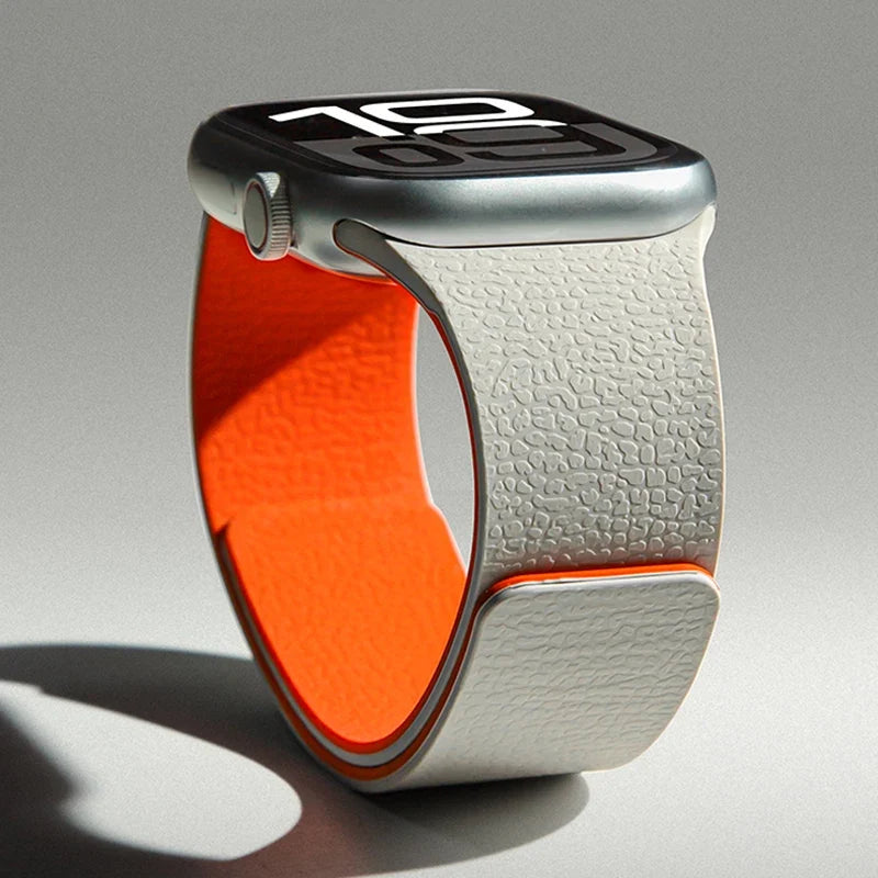 Magnetic silicone replacement band for Apple Watch in gray and orange