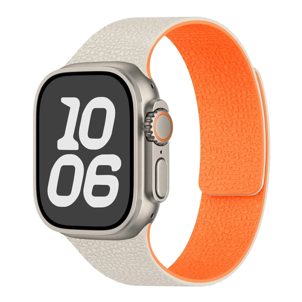 Magnetic silicone replacement band for Apple Watch in beige and orange