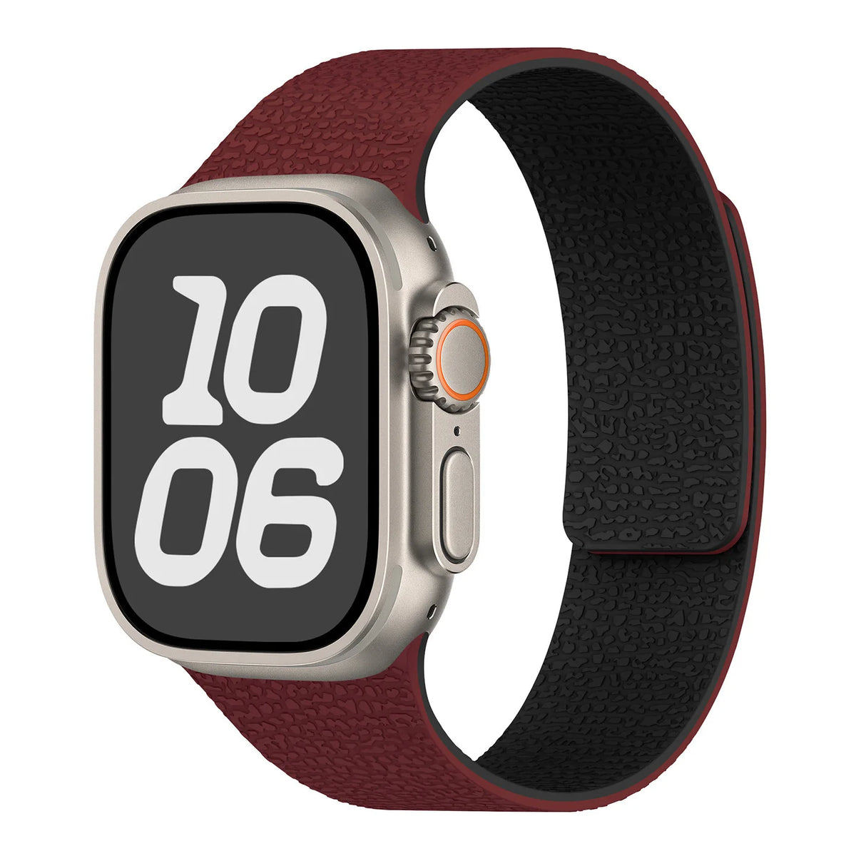 Magnetic silicone replacement band for Apple Watch in red and black