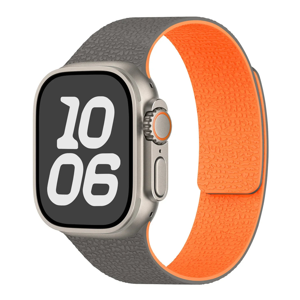 Magnetic silicone replacement band for Apple Watch in gray and orange