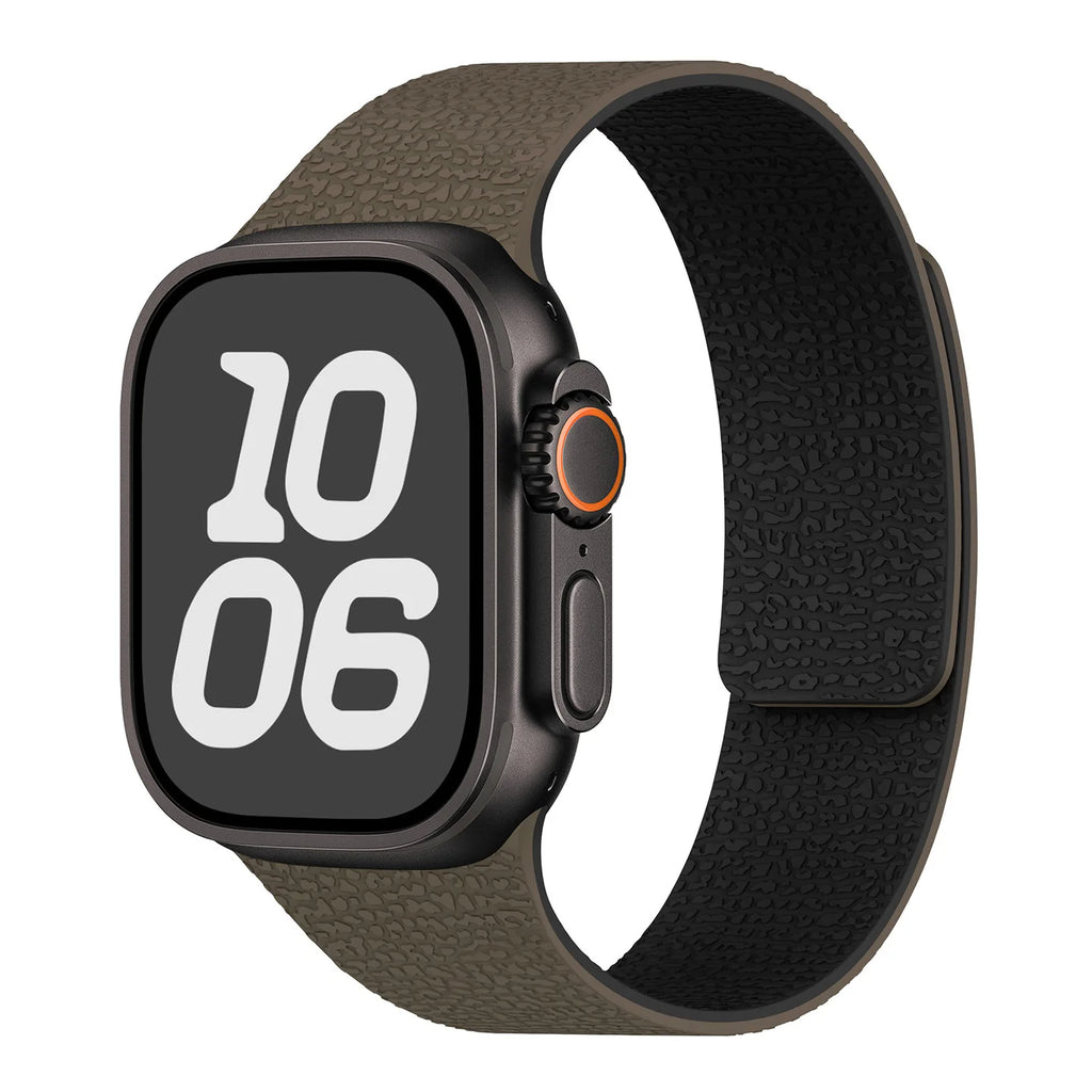 Magnetic silicone replacement band for Apple Watch in brown and black
