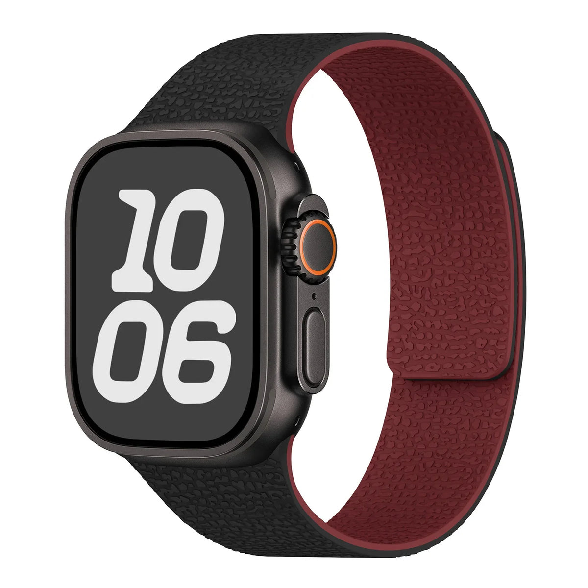 Magnetic silicone replacement band for Apple Watch in black and burgundy