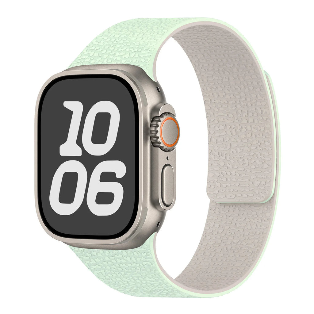Magnetic silicone replacement band for Apple Watch in mint green and white