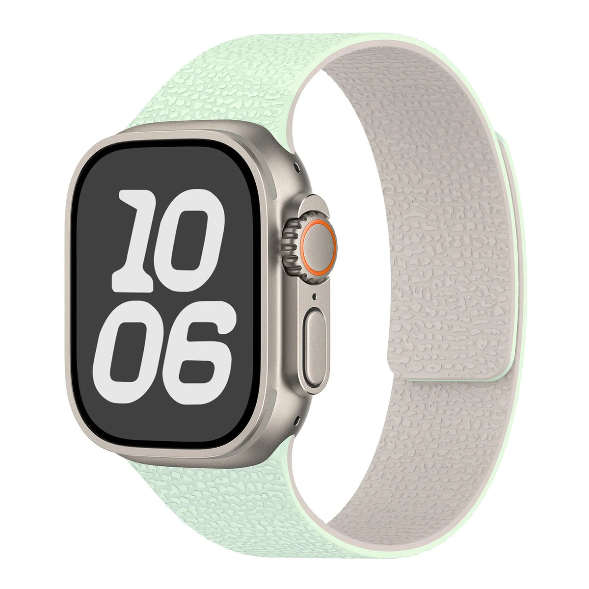 Magnetic silicone replacement band for Apple Watch in mint green and white