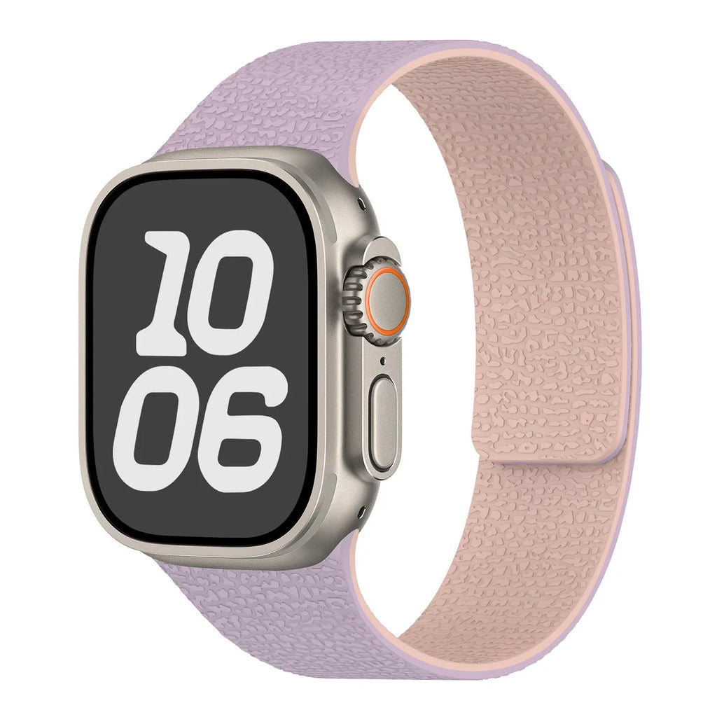 Magnetic silicone replacement band for Apple Watch in purple and pink