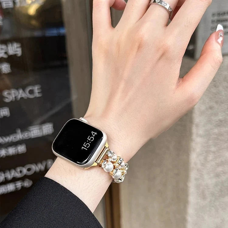 Replacement Apple Watch band in gold rhinestones and pearls and pearls