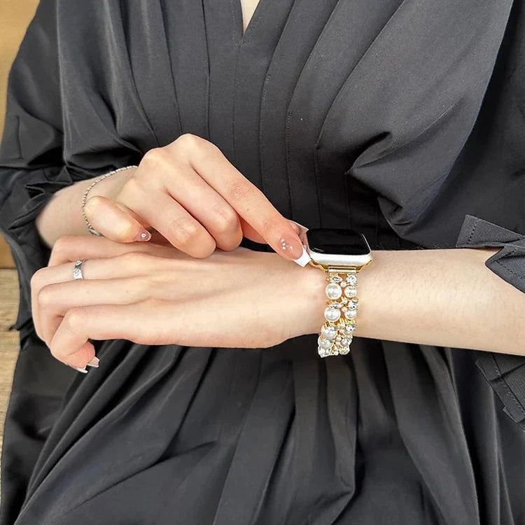 Replacement Apple Watch band in gold rhinestones and pearls