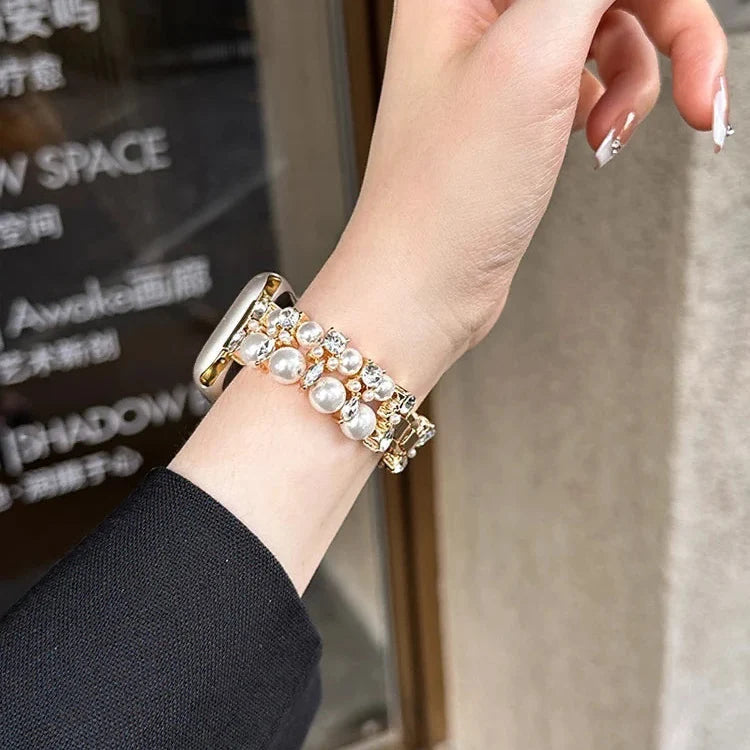Replacement Apple Watch band in gold rhinestones and pearls and pearls