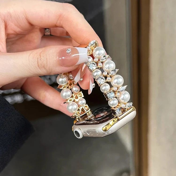 Replacement Apple Watch band in gold rhinestones and pearls and pearl