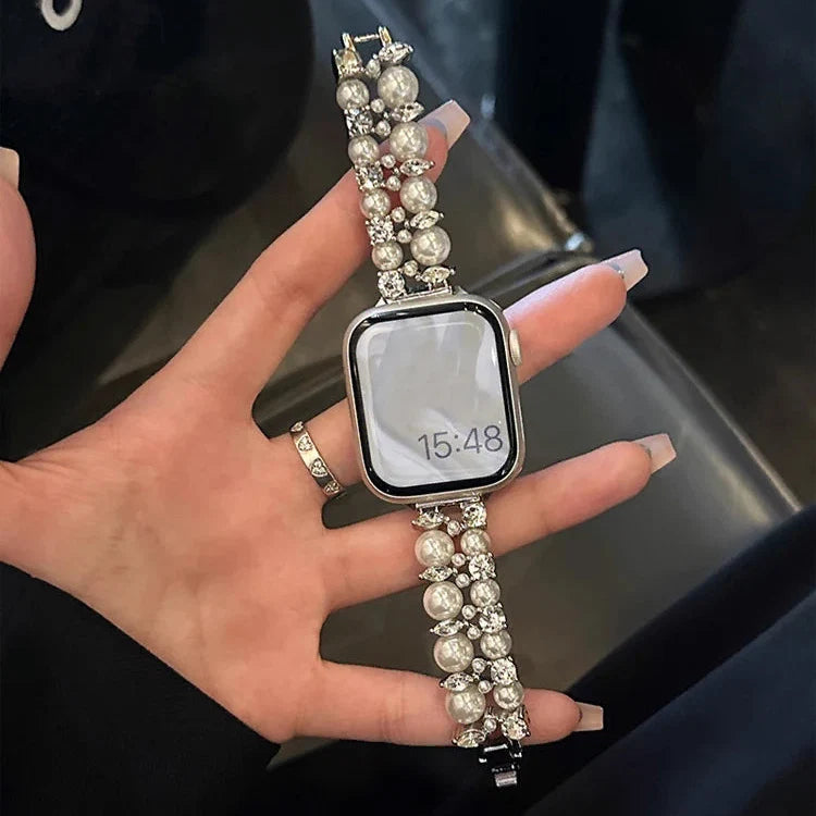 Replacement Apple Watch band in silver rhinestones and pearls