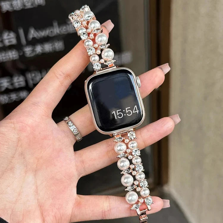 Replacement Apple Watch band in rose gold rhinestones and pearls